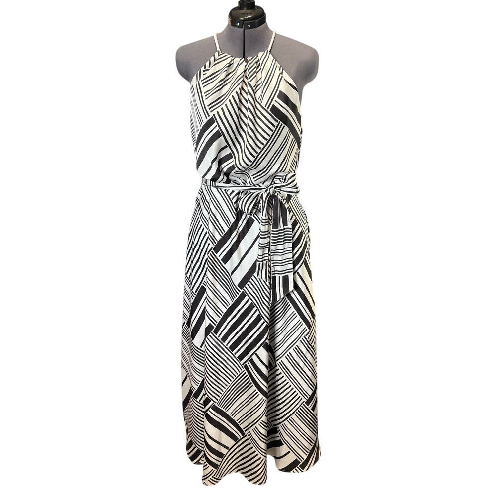 Lauren Ralph Lauren Black & White geometric print Halter Midi Dress Flowy Sz 14